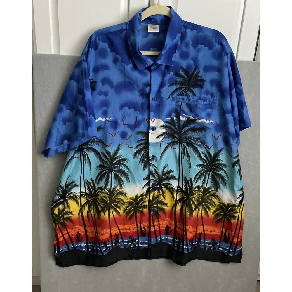 Happy Bay Hawaiian button up short sleeve shirt blue tropical size XXL